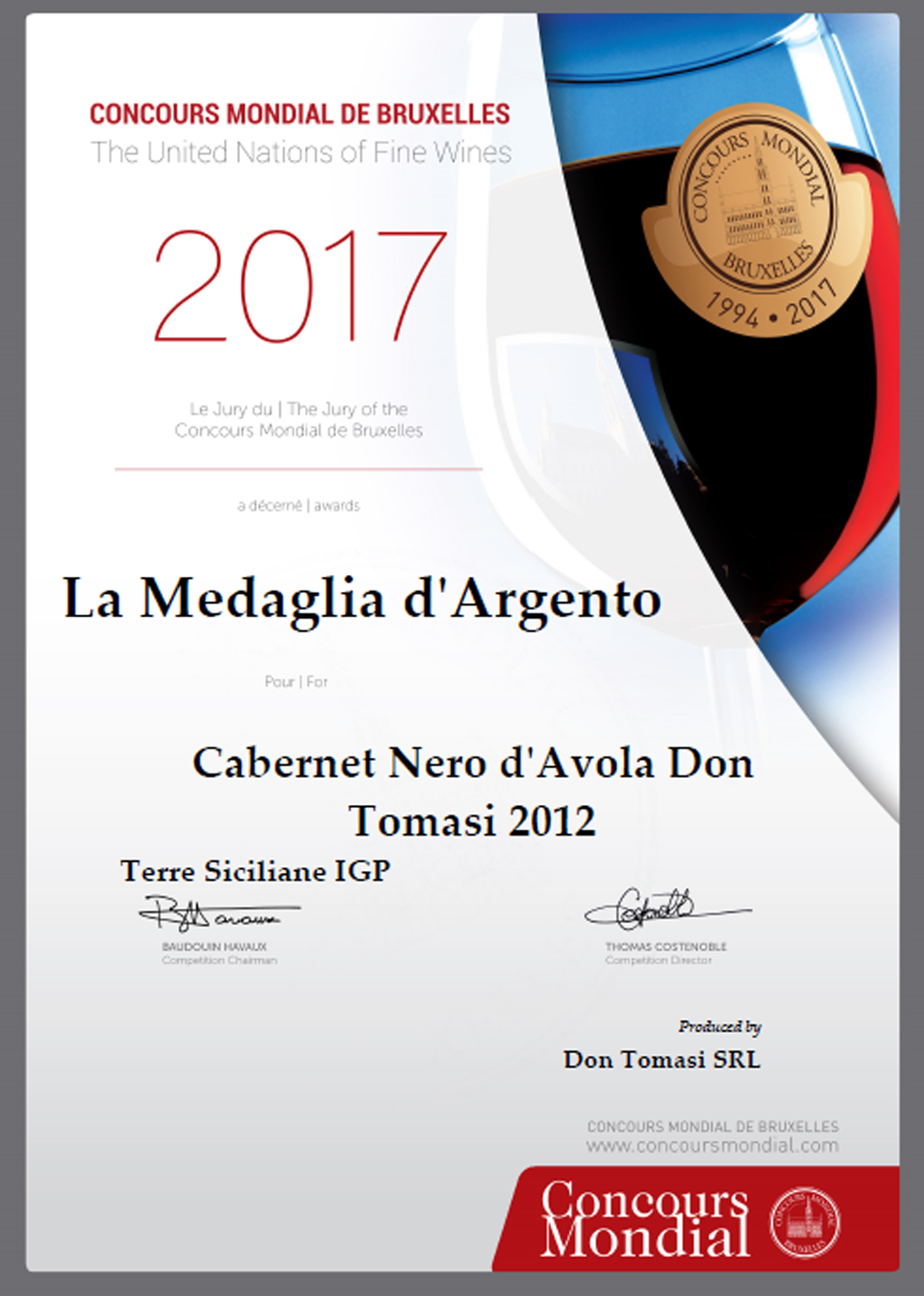 Don Tomasi Nero d'Avola 2012 Medagli d'Oro