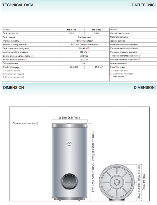 Liverani NB-V nautic boiler - Technical sheet